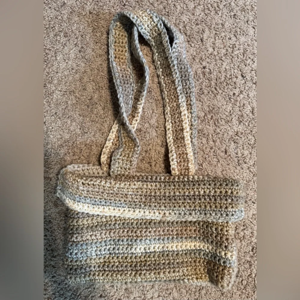 Vintage Hand Knit Crocheted Purse Mini Shoulder Strap Tote Bag Brown Tan Fall